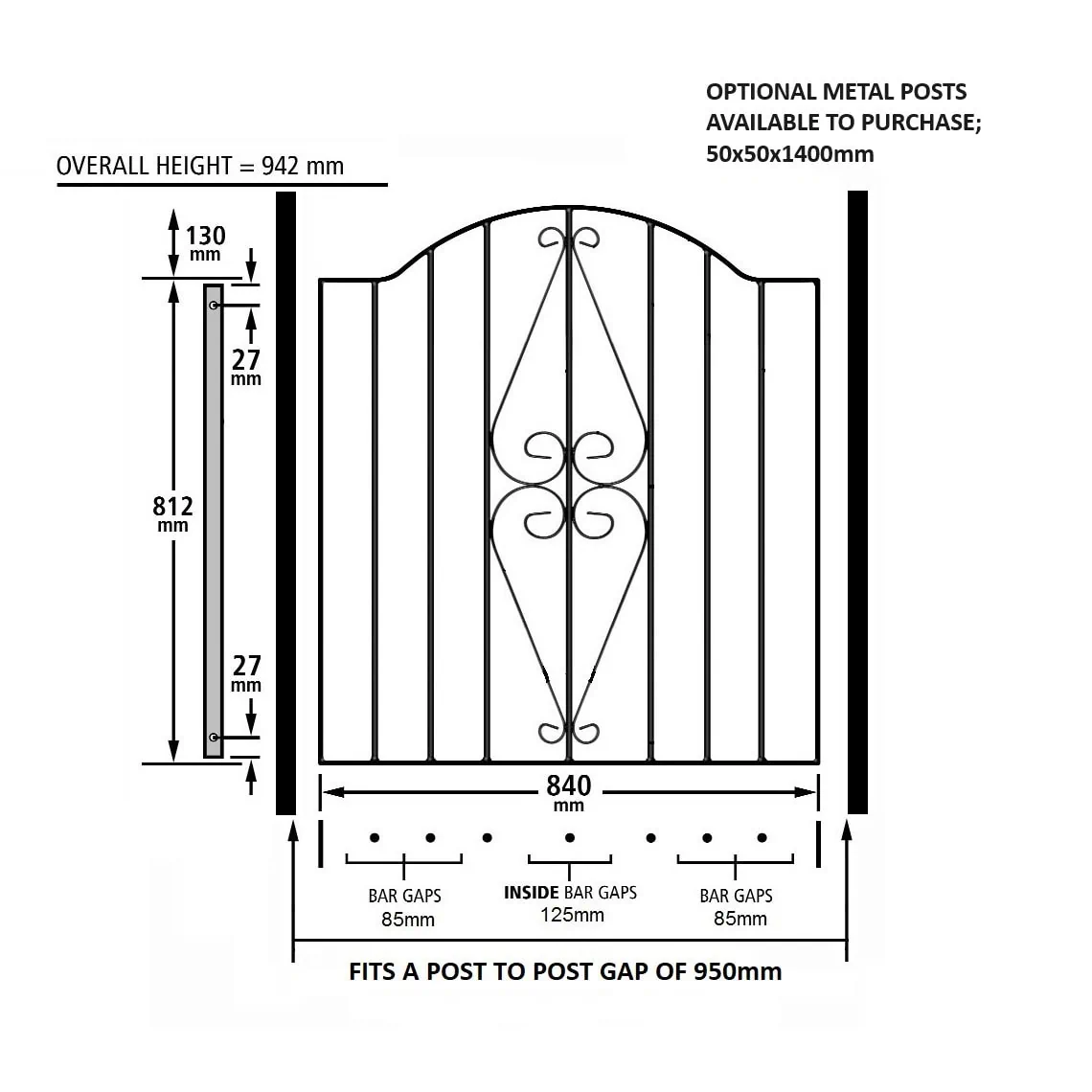 Stirling Garden Gate – Low - Bow Top - 942mm (37″) High - Image 3