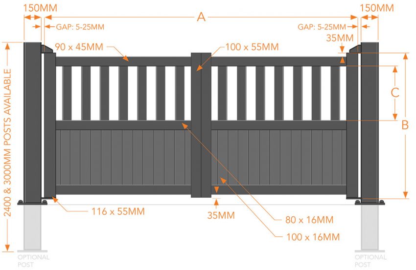 Partial Privacy Double Swing Gate - Solid vertical infill flat top - Image 3