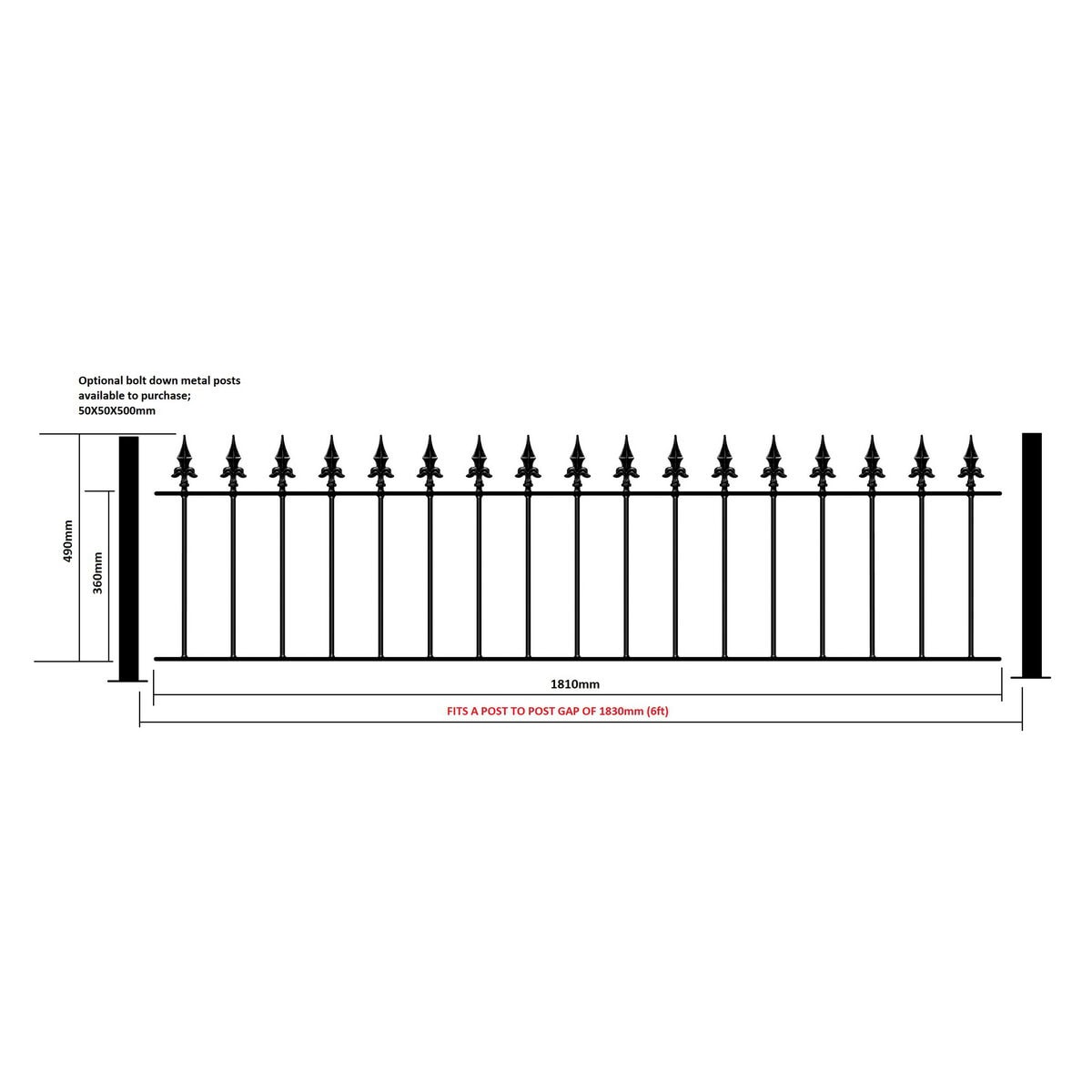 Saxon Garden Railing Panel - Flat Top - 490mm (19.3") High - Image 2