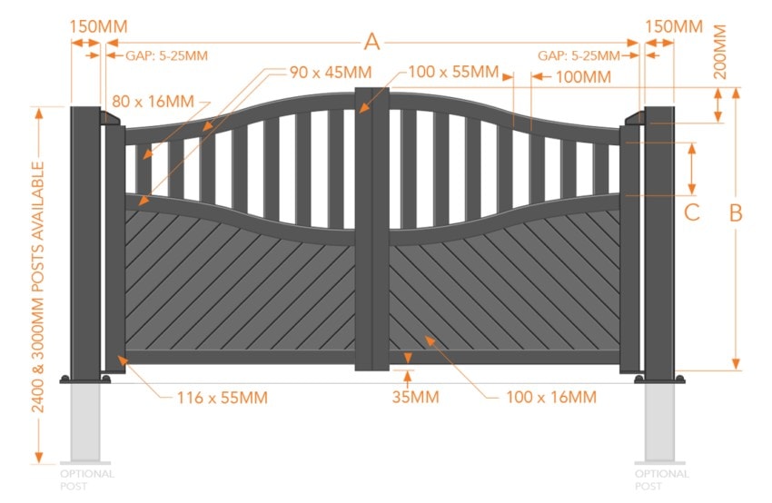 Double Swing Gate – Solid diagonal infill bell-curved top - Image 2