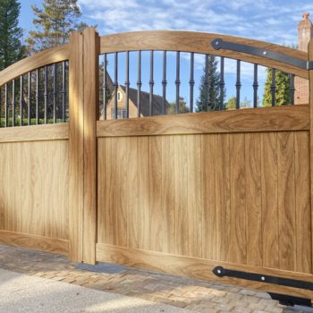 Partial Privacy Double Swing Gate – Solid vertical infill bell-curved top wide frame