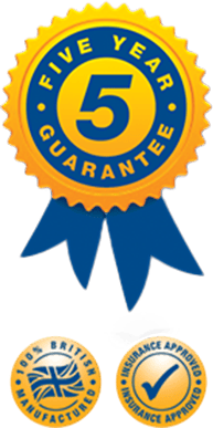 5 year guarantee sticker. 100% British manufacturing. Insurance approved